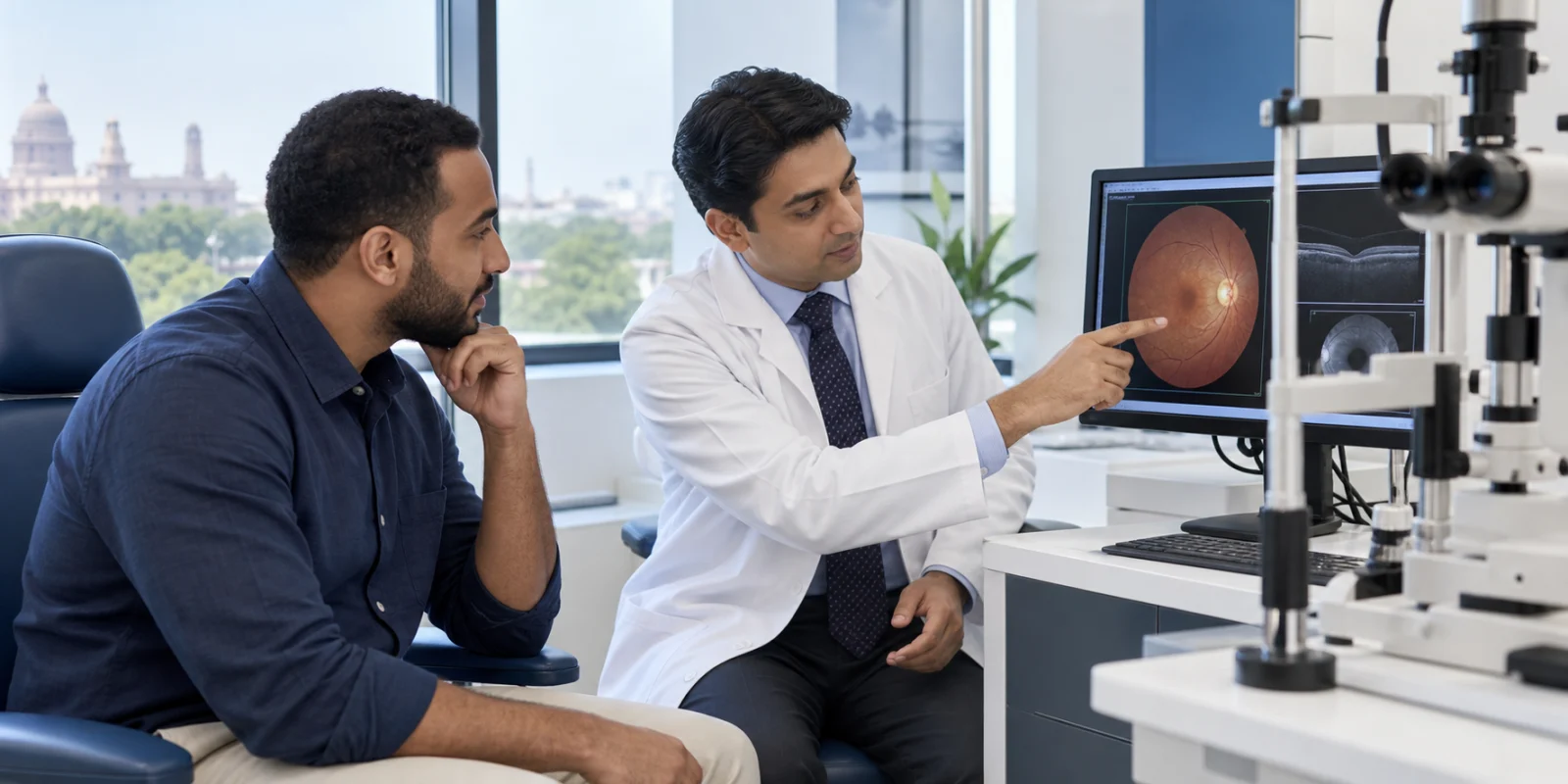 Ophthalmologist explaining an eye scan to an international patient
