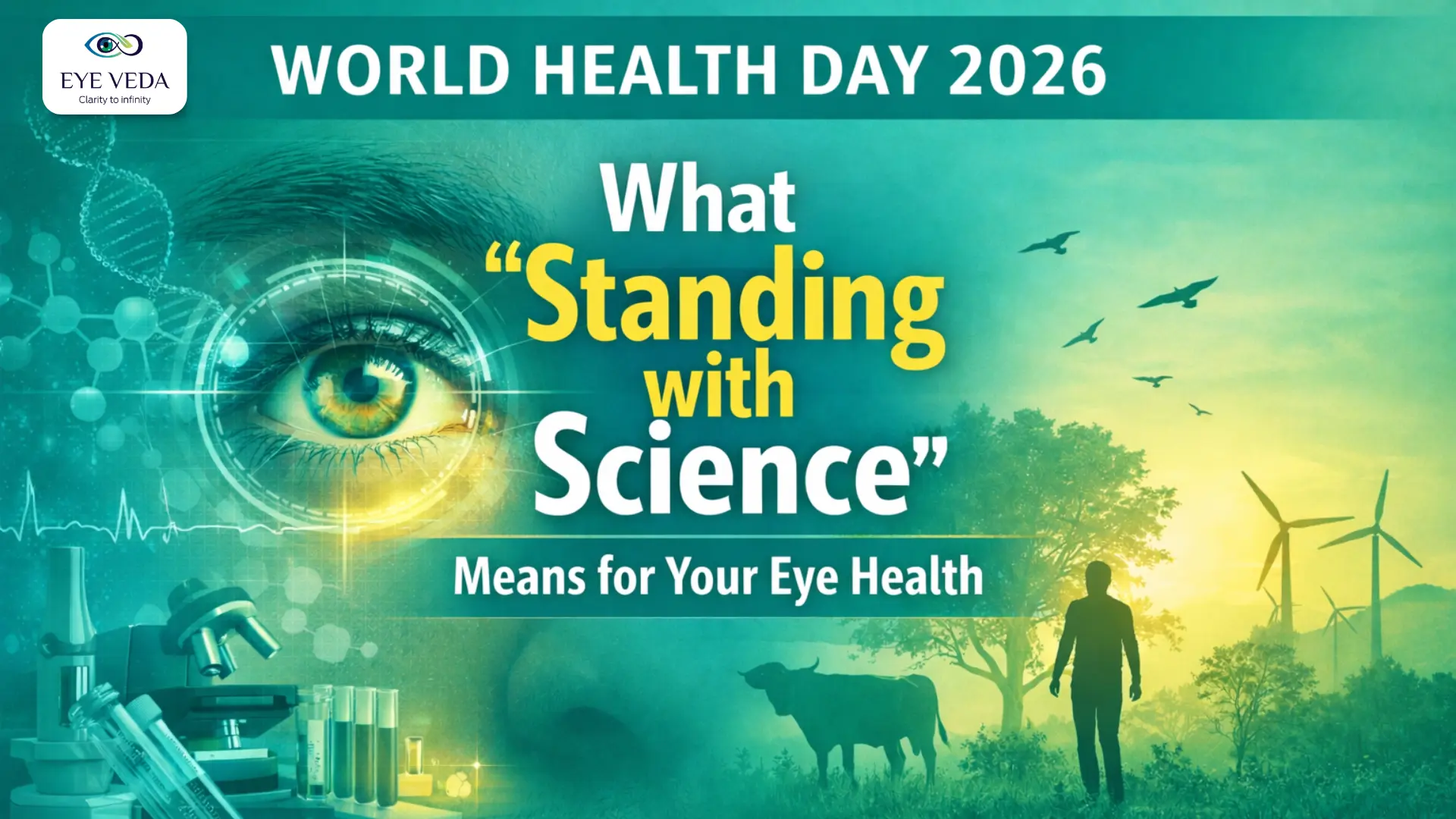 Split visual showing a human eye with advanced scientific digital overlays on one side and a natural landscape on the other, highlighting the theme “Standing with Science” for eye health awareness on World Health Day 2026.